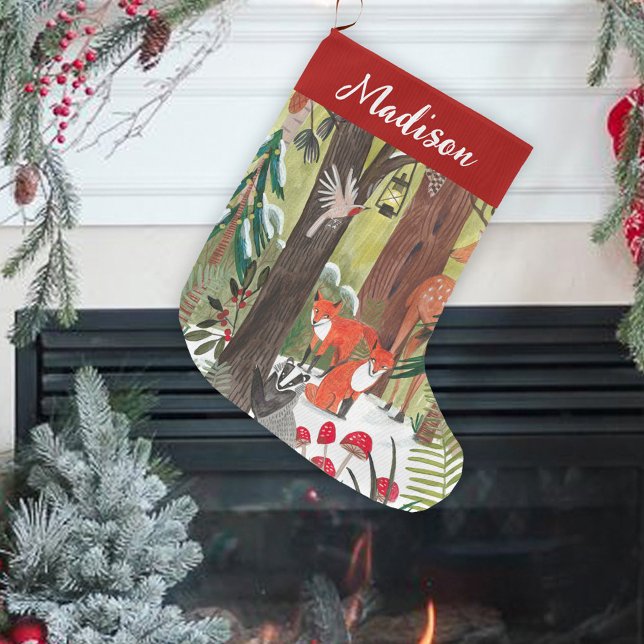 Calcetín Navideño Grande Animales de la Tierra de Obras Diversas Navidades  (Cute Woodland animals Green Christmas Large Christmas Stocking)