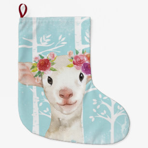 Calcetín Navideño Grande Animales felices con flores en ovejas de bosque az