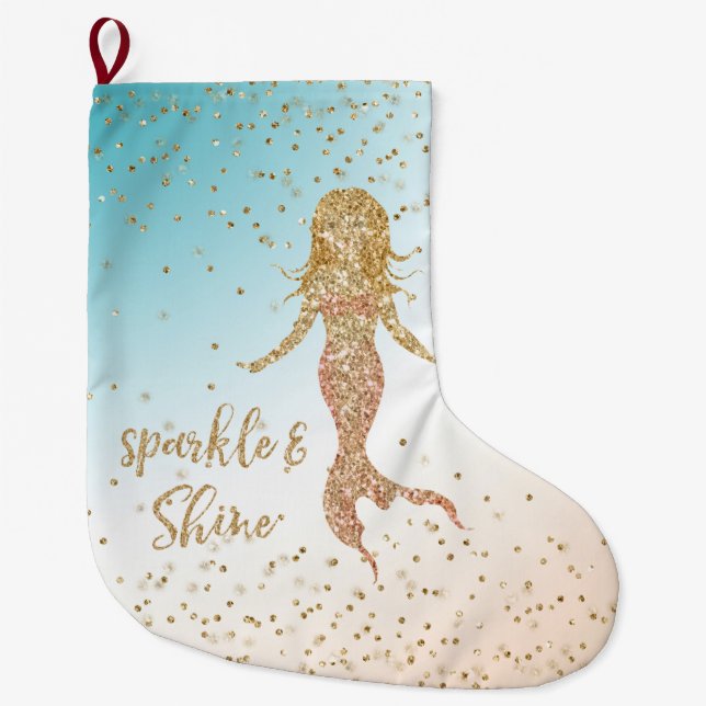 Calcetín Navideño Grande Aqua Gold Mermaid Sparkle Purpurina Confetti (Anverso)