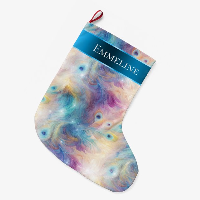 Calcetín Navideño Grande Aqua Purple Floral Peacock Feathers Navidades (Frente (Colgado))