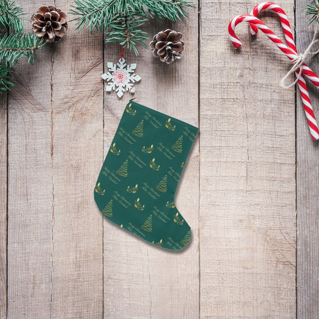Calcetín Navideño Grande Árbol bilingüe verde y dorado (Bilingual Green and Golden Tree Large Christmas Stocking. Spanish text. Multilingual Project)
