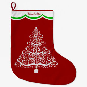 Calcetín Navideño Grande Árbol blanco de Navidad en rojo personalizado