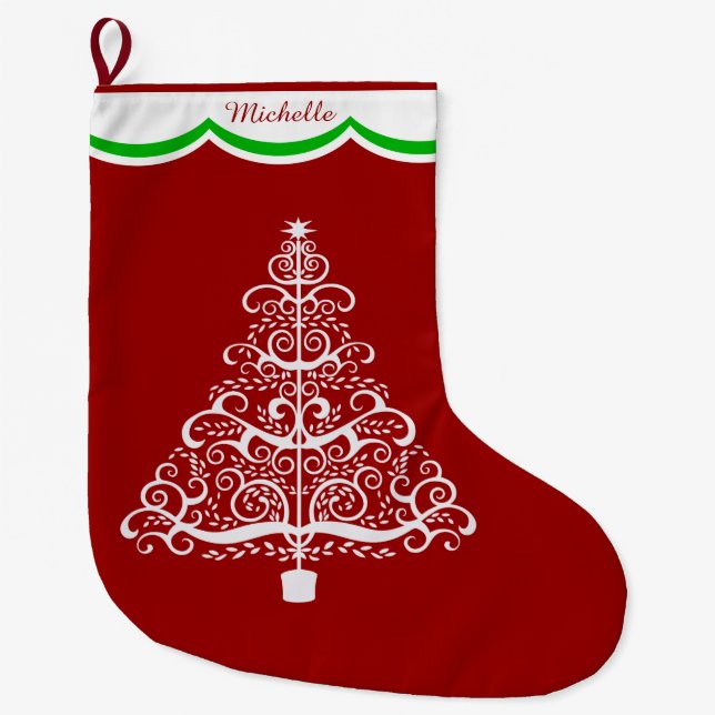 Calcetín Navideño Grande Árbol blanco de Navidad en rojo personalizado (Anverso)