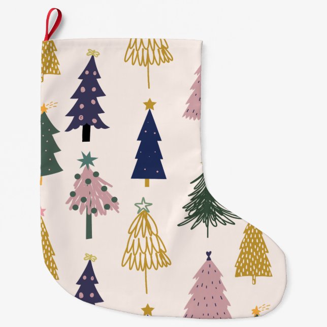 Calcetín Navideño Grande Árbol de Navidad con patrones, Navidades descansan (Anverso)