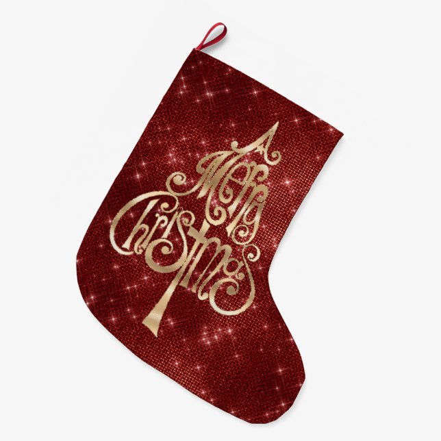 Calcetín Navideño Grande Árbol de navidad Red Sparkle (Frente (Colgado))