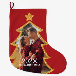Calcetín Navideño Grande Árbol de Navidad Rojo Brillante Foto Personalizada