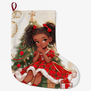 Calcetín Navideño Grande Árbol de Navidad Xmas Melanina Chica Negra Hermana