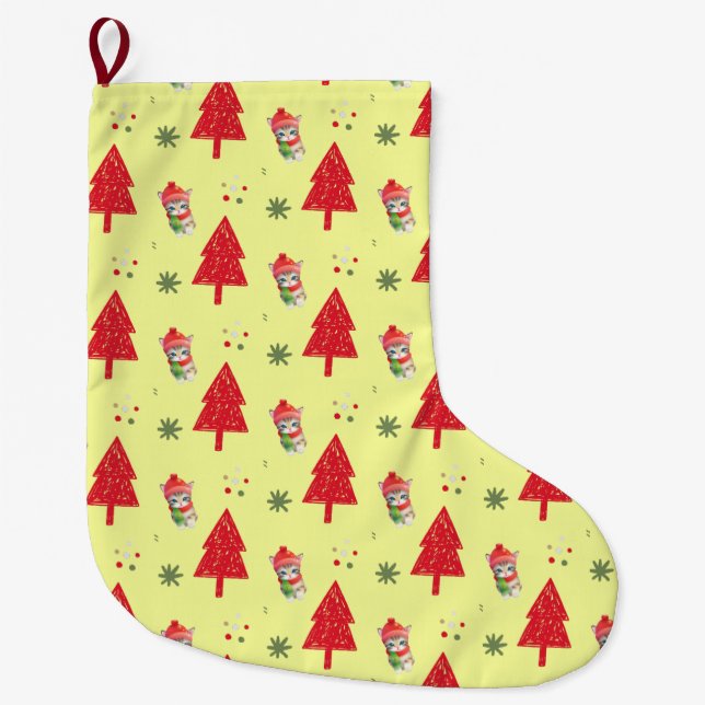 Calcetín Navideño Grande Árbol de Santa Navidad de gato rojo Patrón sin pro (Anverso)