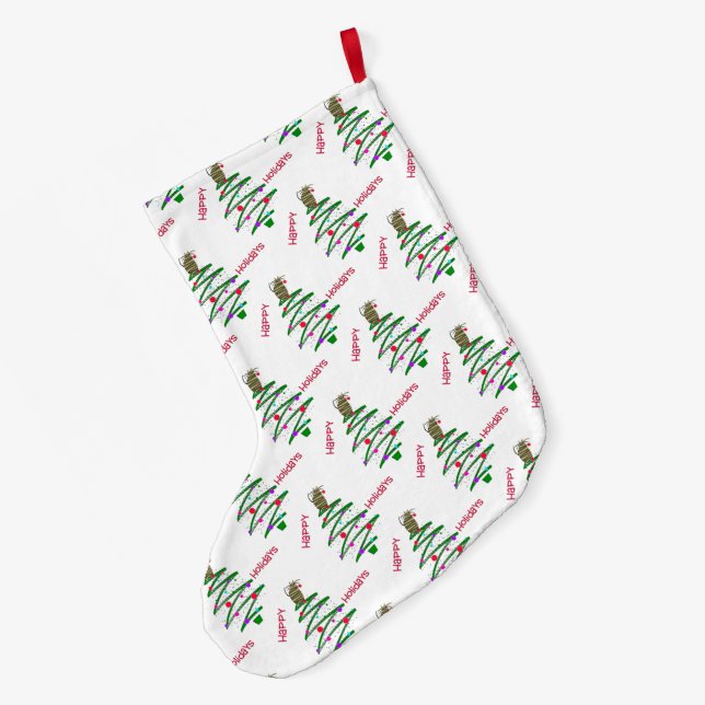 Calcetín Navideño Grande Árbol navideño feliz de vacaciones (Anverso (colgado))