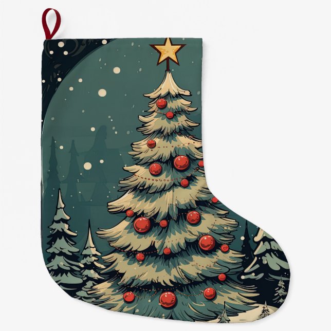 Calcetín Navideño Grande Árbol vintage de Navidad (Anverso)