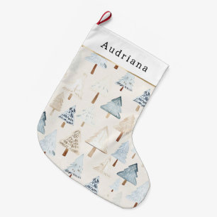 Calcetín Navideño Grande Árboles de Navidad azul beige crema