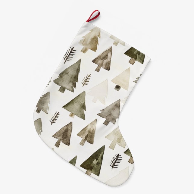 Calcetín Navideño Grande Árboles de Navidad de crema verde pino (Frente (Colgado))