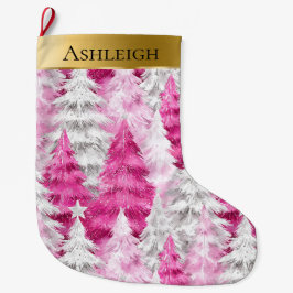 Calcetín Navideño Grande Árboles de Navidad dorados Glam Pink White