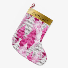 Calcetín Navideño Grande Árboles de Navidad dorados Glam Pink White