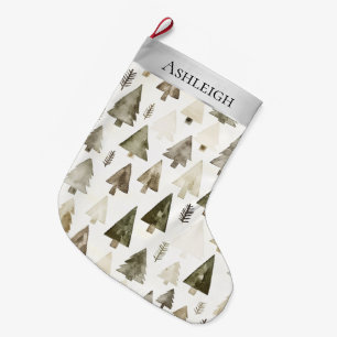 Calcetín Navideño Grande Árboles de Navidad verde crema de plata