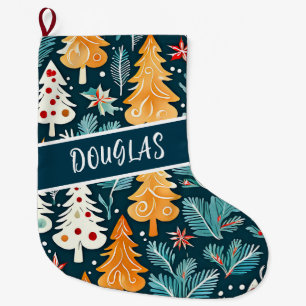 Calcetín Navideño Grande Árboles navideños acuarelas personalizados