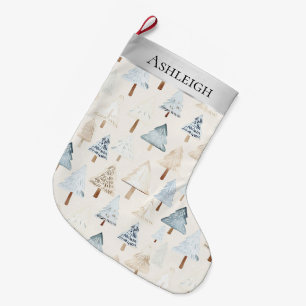 Calcetín Navideño Grande Árboles navideños brillantes de crema azul platead