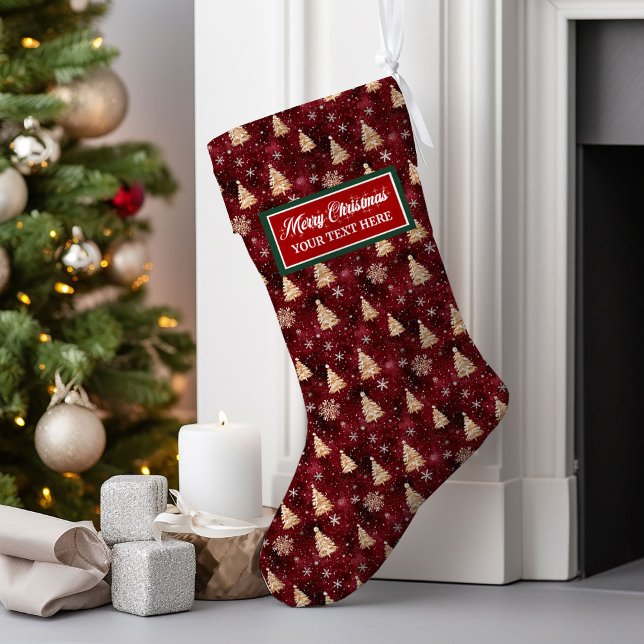 Calcetín Navideño Grande Árboles navideños de Borgoña y Oro personalizados (Personalized Burgundy and Gold Christmas Trees Large Christmas Stocking)
