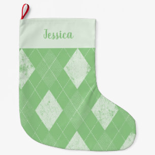 Calcetín Navideño Grande Argyle Desgastado Verde y Blanco
