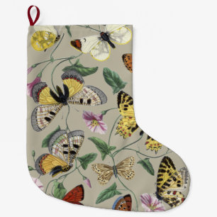 Calcetín Navideño Grande Arte Floral Botánico de Mariposa Polilla Vintage 1
