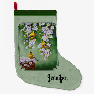 Calcetín Navideño Grande Aves de Goldfinch y flores verdes