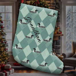 Calcetín Navideño Grande Aves Lodos Moda suave Verde azulada Argyle Patrón 