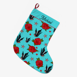 Calcetín Navideño Grande Aves tatuadas y Rosas con patrones Rockabilly