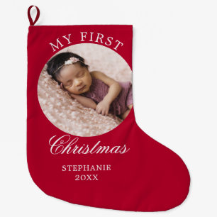 Calcetín Navideño Grande Baby My First Christmas Personalizado Photo Red