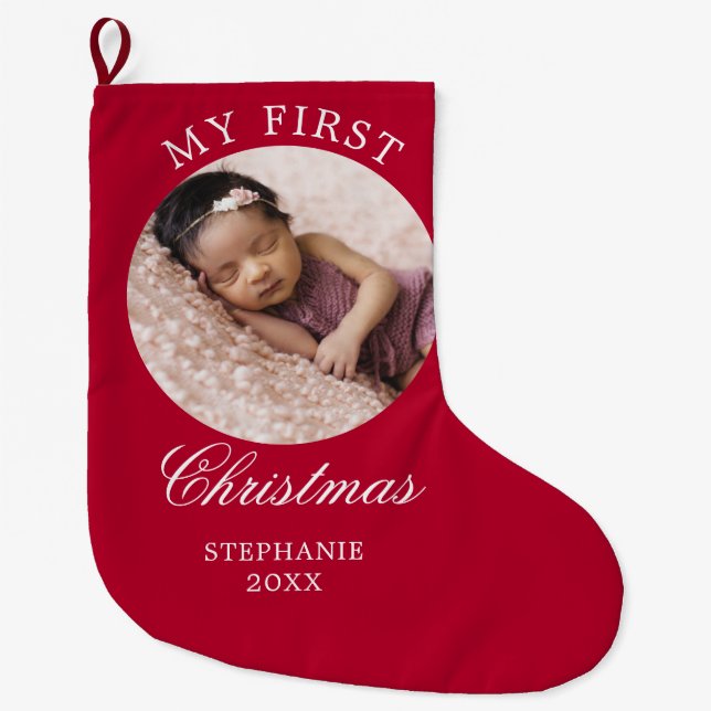 Calcetín Navideño Grande Baby My First Christmas Personalizado Photo Red (Anverso)
