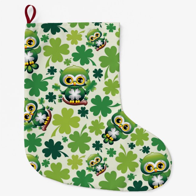 Calcetín Navideño Grande Baby Owl Cute St Patrick Cartoon (Anverso)