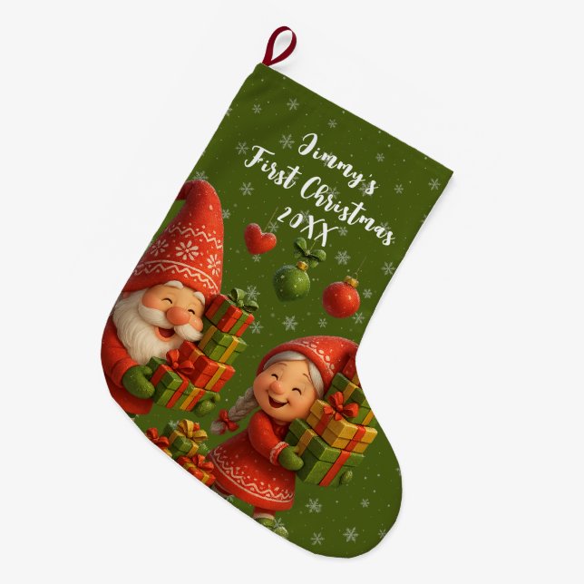 Calcetín Navideño Grande Baby’s First Christmas - Cute Holiday Gnomes (Frente (Colgado))
