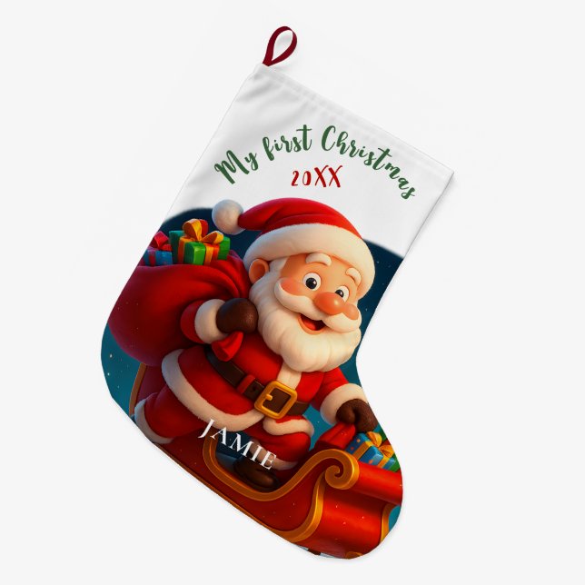 Calcetín Navideño Grande Baby’s First Christmas - Cute Holiday Santa (Frente (Colgado))