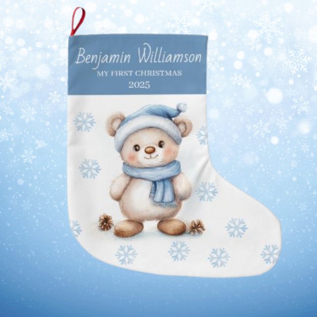 Calcetín Navideño Grande Baby's 1st Christmas Blue Snowflakes Bear  (Subido por el creador)