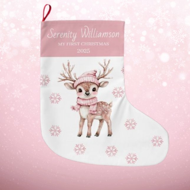 Calcetín Navideño Grande Babys 1st Christmas Pink Snowflakes Deer Woodland  (Subido por el creador)