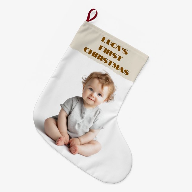 Calcetín Navideño Grande Baby's First Christmas  Photo & Name Stocking (Frente (Colgado))