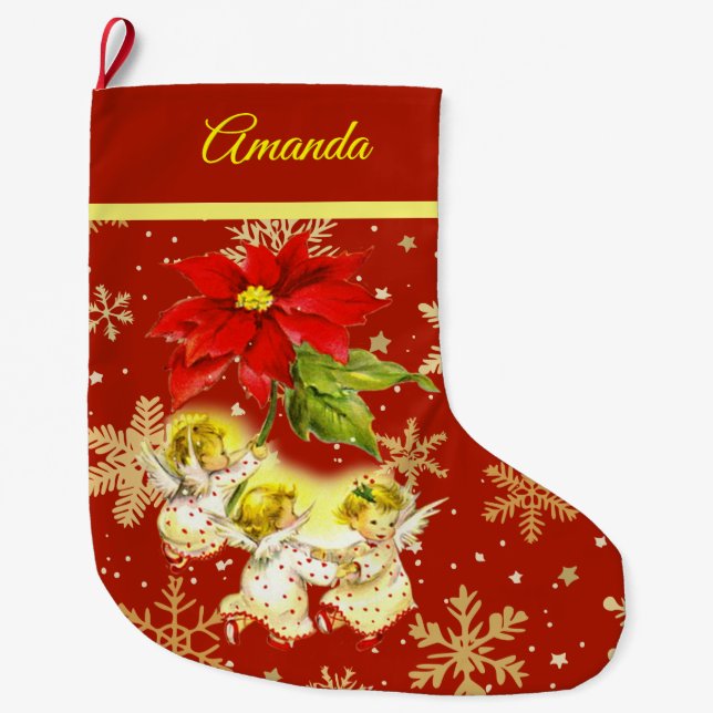 Calcetín Navideño Grande Bailando ángeles bebés en rojo con copos de nieve  (Anverso)