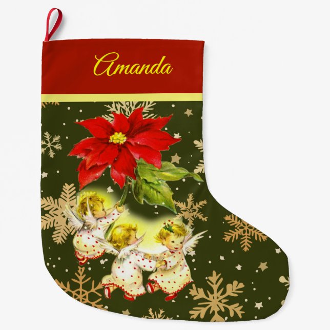 Calcetín Navideño Grande Bailando ángeles bebés en verde con copos de nieve (Anverso)