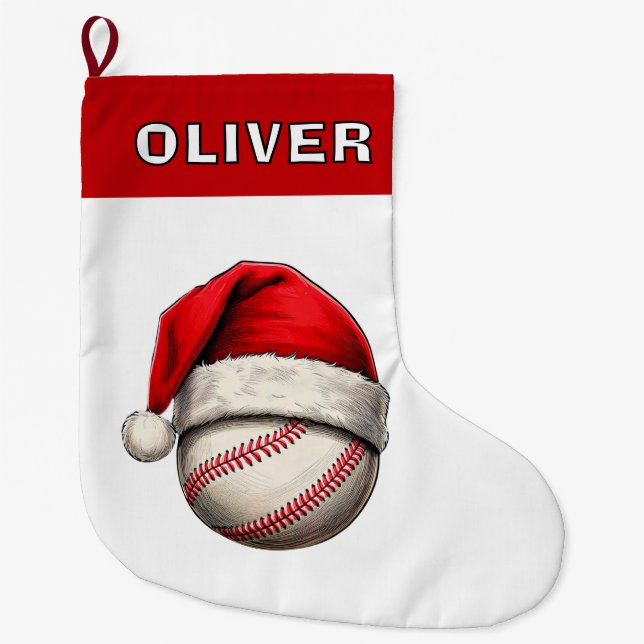 Calcetín Navideño Grande Ball de béisbol Red Santa Hat Name (Anverso)