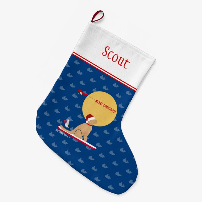 Calcetín Navideño Grande Ballenas de Beach Day Surfing Golden Dog Stocking (Frente (Colgado))
