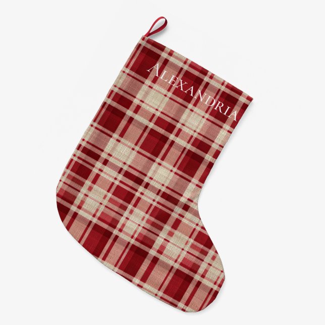 Calcetín Navideño Grande Bandas rojas de plástico de crema roja (Frente (Colgado))