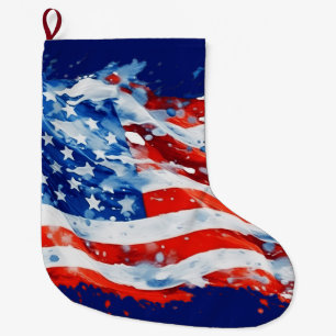 Calcetín Navideño Grande Bandera Americana USA Acuarela 4 de Julio