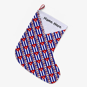 Calcetín Navideño Grande Bandera Cubana Azul Oscuro Tiled Negra Personaliza