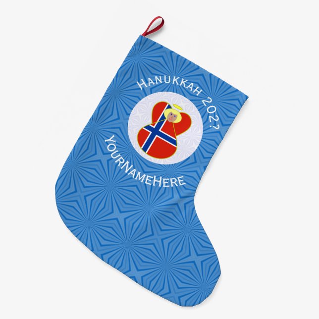 Calcetín Navideño Grande Bandera de Angel Hanukkah noruega personalizada (Frente (Colgado))