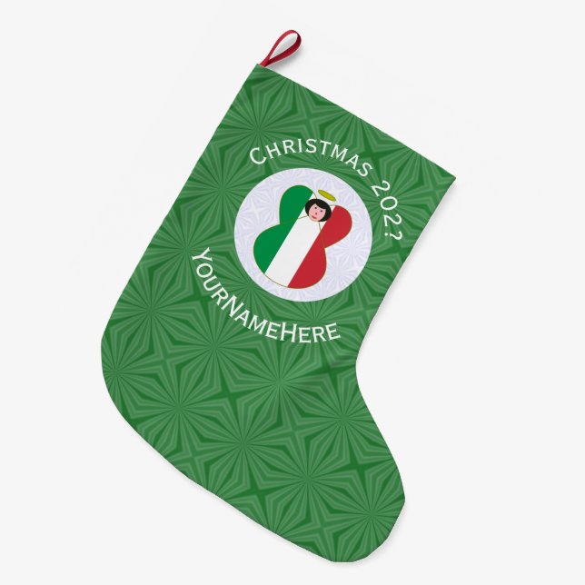 Calcetín Navideño Grande Bandera del Ángel Italiano para Navidades (Frente (Colgado))
