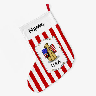 Calcetín Navideño Grande Bandera norteamericana de Estados Unidos Airedale 