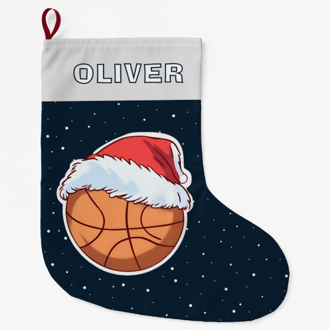 Calcetín Navideño Grande Basketball Ball Red Santa Hat Name (Anverso)