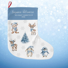 Calcetín Navideño Grande Bebé Mi Primer Navidad Madera Azul Personalizado