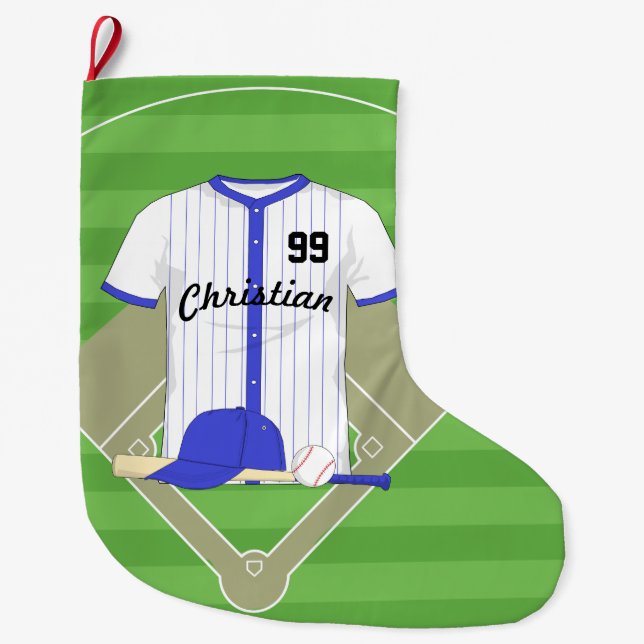 Calcetín Navideño Grande Béisbol azul personalizado (Anverso)