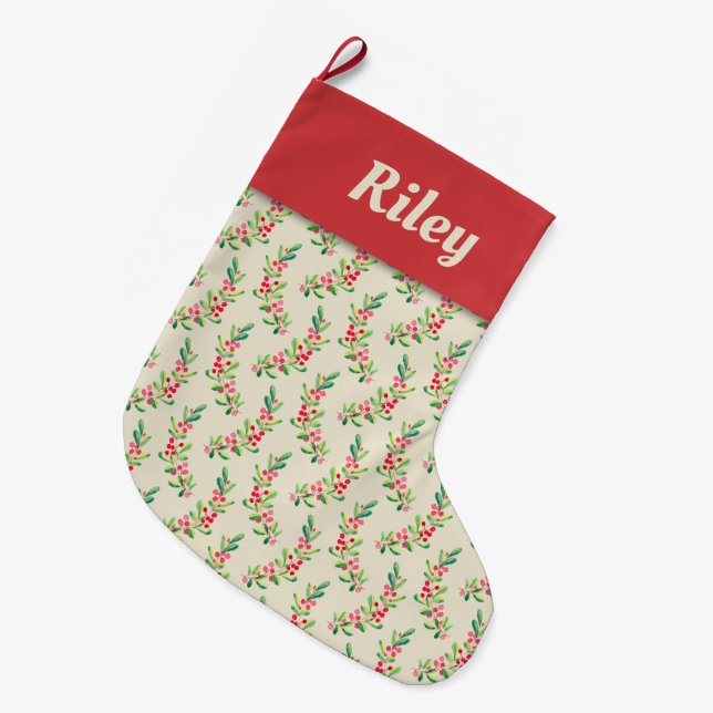 Calcetín Navideño Grande Berries acuarelas y deja vacaciones (Frente (Colgado))