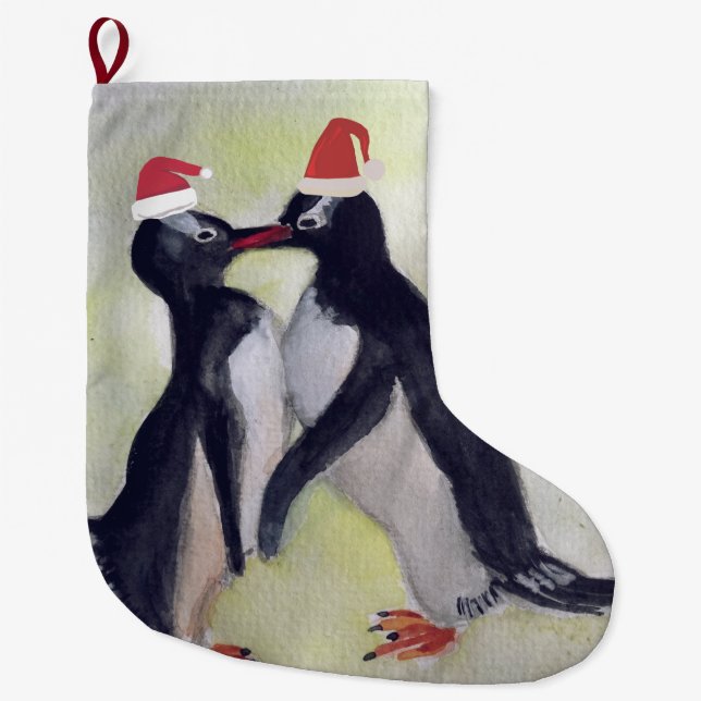 Calcetín Navideño Grande Beso de los pingüinos (Anverso)